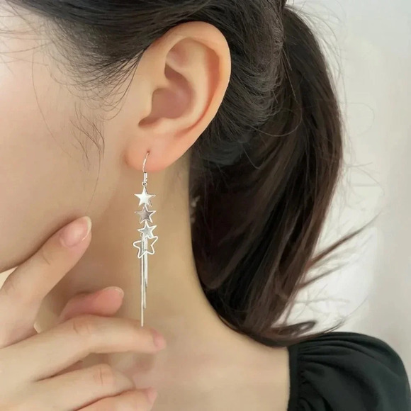 925 Sterling Silver Dangle Star Earrings Dangle Drop Tassel Long Earrings - Picture 5 of 5